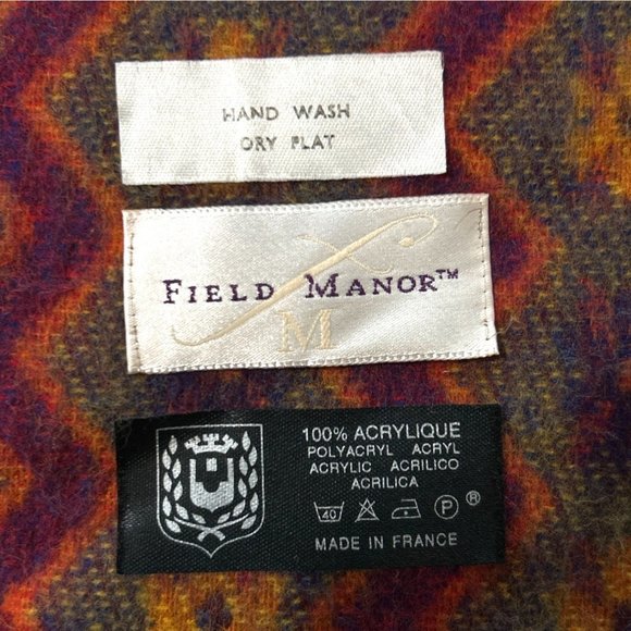 Field Manor Shawl Scarf Fringe Red Orange Purple Made in France 20" x 75" - Picture 3 of 4